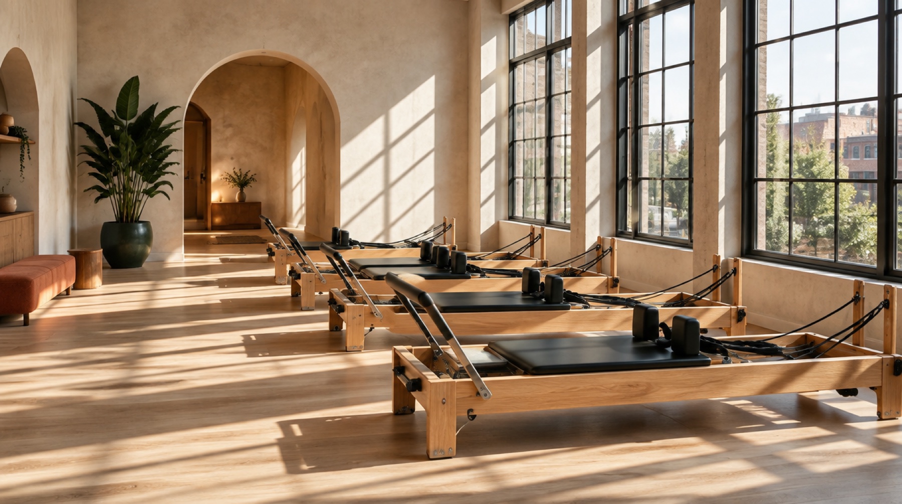 Sunlight across wooden Pilates reformers in a bright independent studio